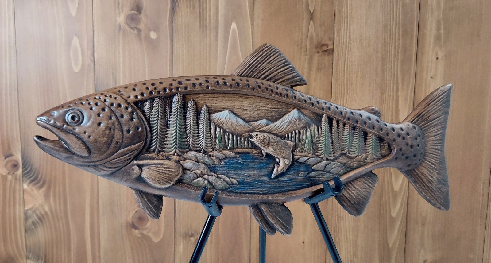 Fish Wood Wall Art, 3D Relief Carving, Fishing Cabin Handmade Trout Maple Decor