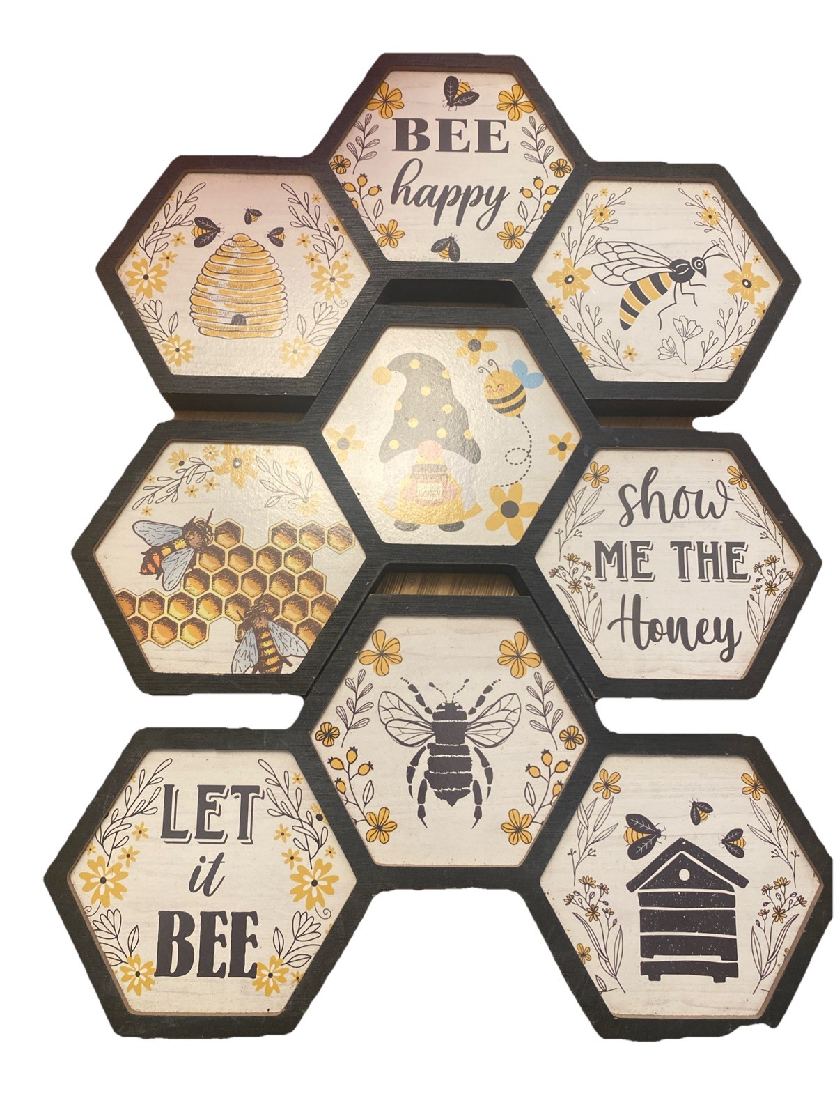 Honeycomb Bee Happy Farm Style Hexagon Plaques For Wall 3 In 1 Black And Yellow