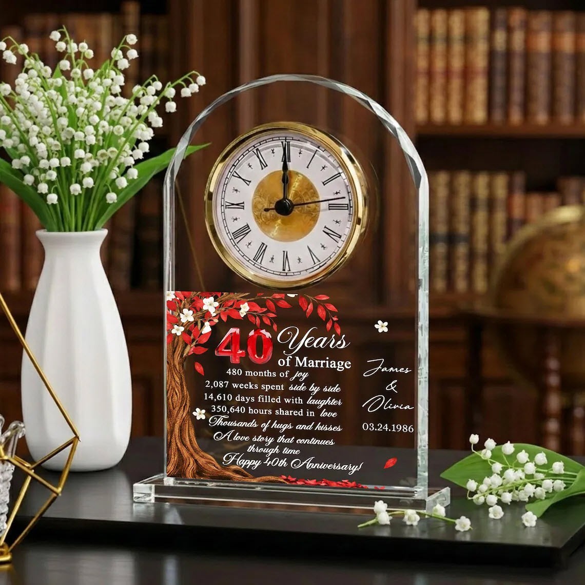 Personalized 40th Ruby Anniversary Acrylic Clock Gift for Couple Love Keepsake