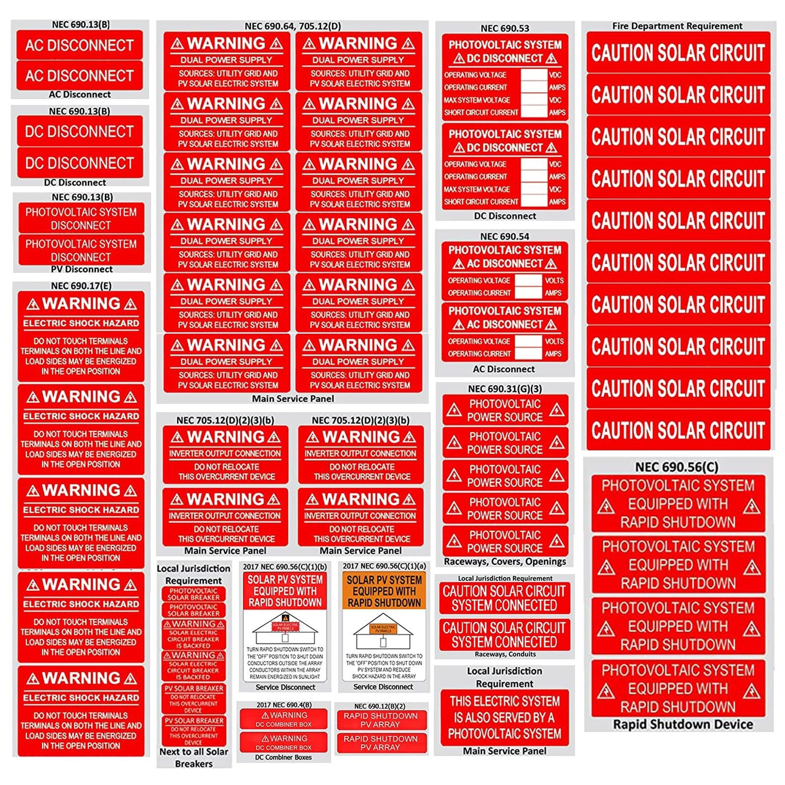 62 Pack Premium Solar PV System Labels – UV Resistant, Safety Warning Red