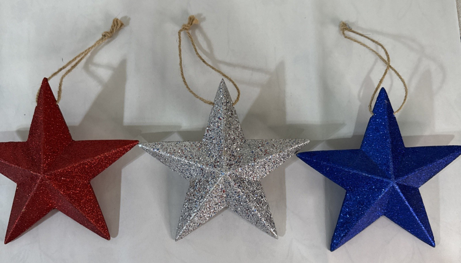 Decorative Glitter Hanging Stars 7” Set of 3 Red, Blue & Mixed Silver Decorative