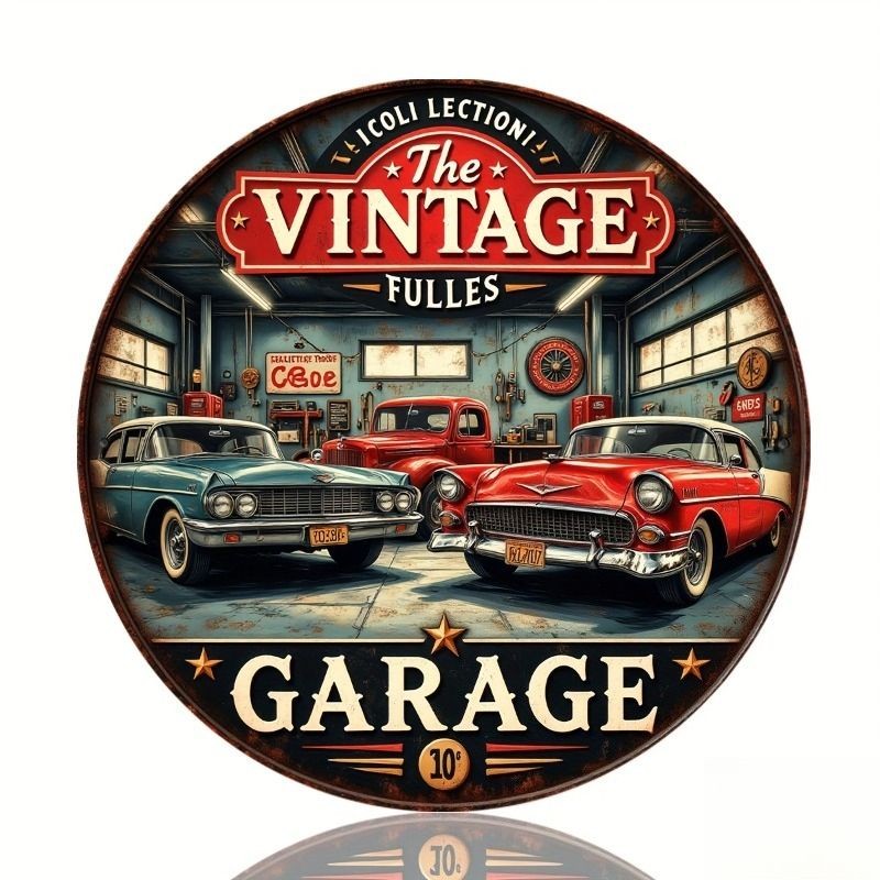 The Vintage Garage Classic Car Metal Sign Round Retro Auto Shop Wall Decoration