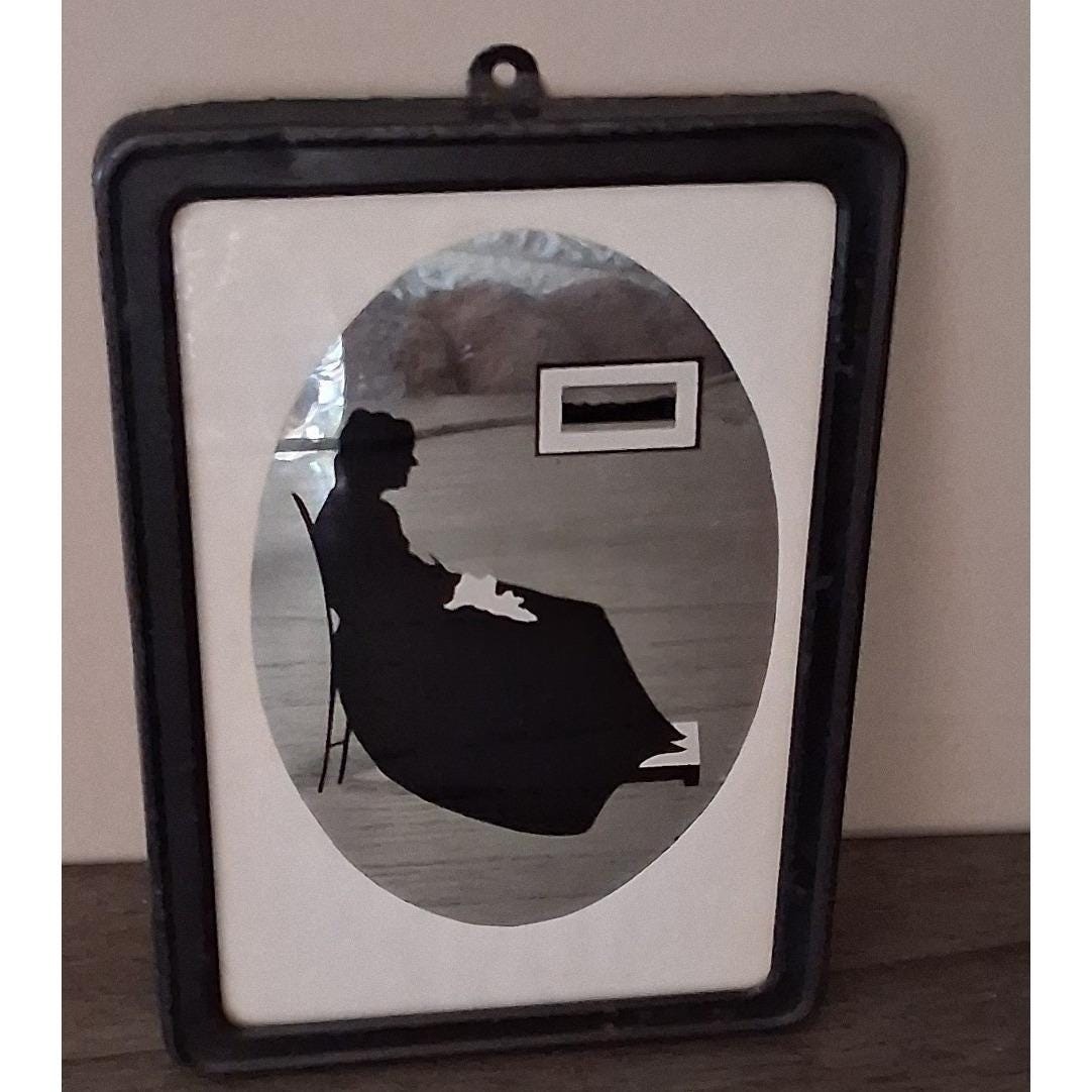 Vintage Whistler’s Mother Silhouette Mirror Wall Plaque MCM Black Oval Mirror