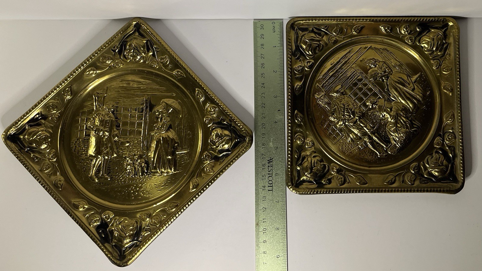Victorian Embossed Brass Wall Hanging Art Plaques Pair Polished Gold