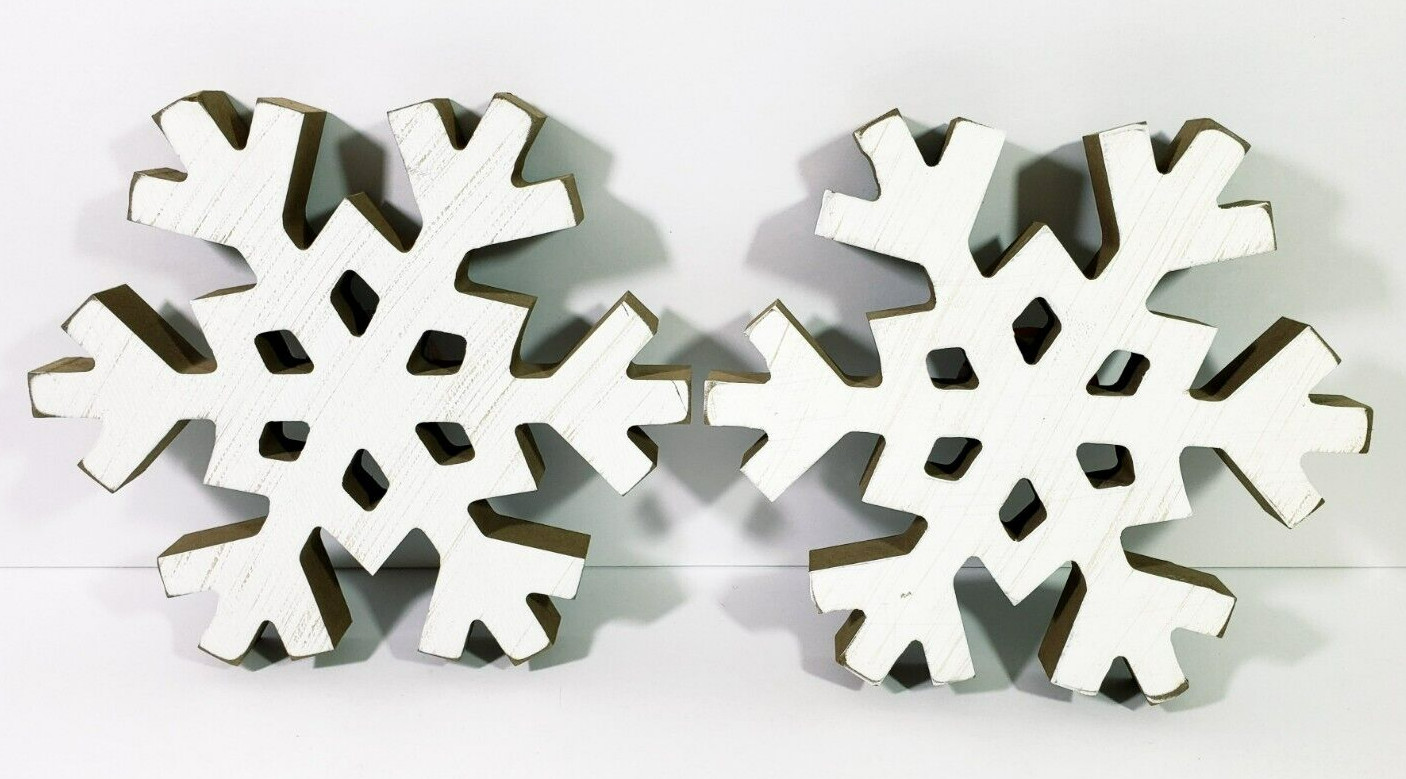 Snowflake White Shabby Wood Cutout Free Standing Lg 8 in Set of 2 Christmas NWT