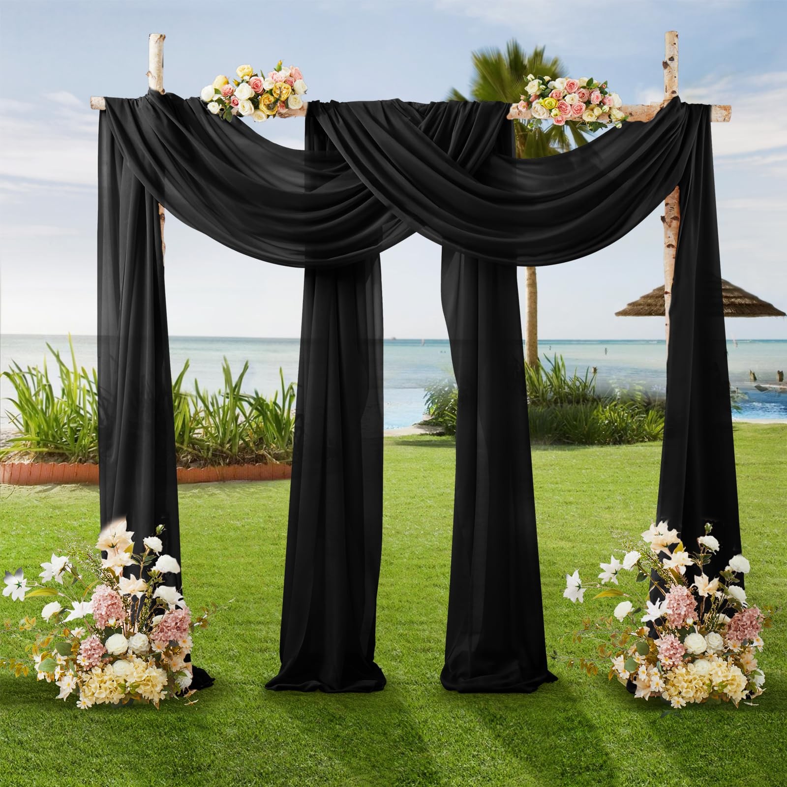 28 Inch x 19ft Black Chiffon Wedding Arch Draping Fabric Sheer Curtains 1 PC