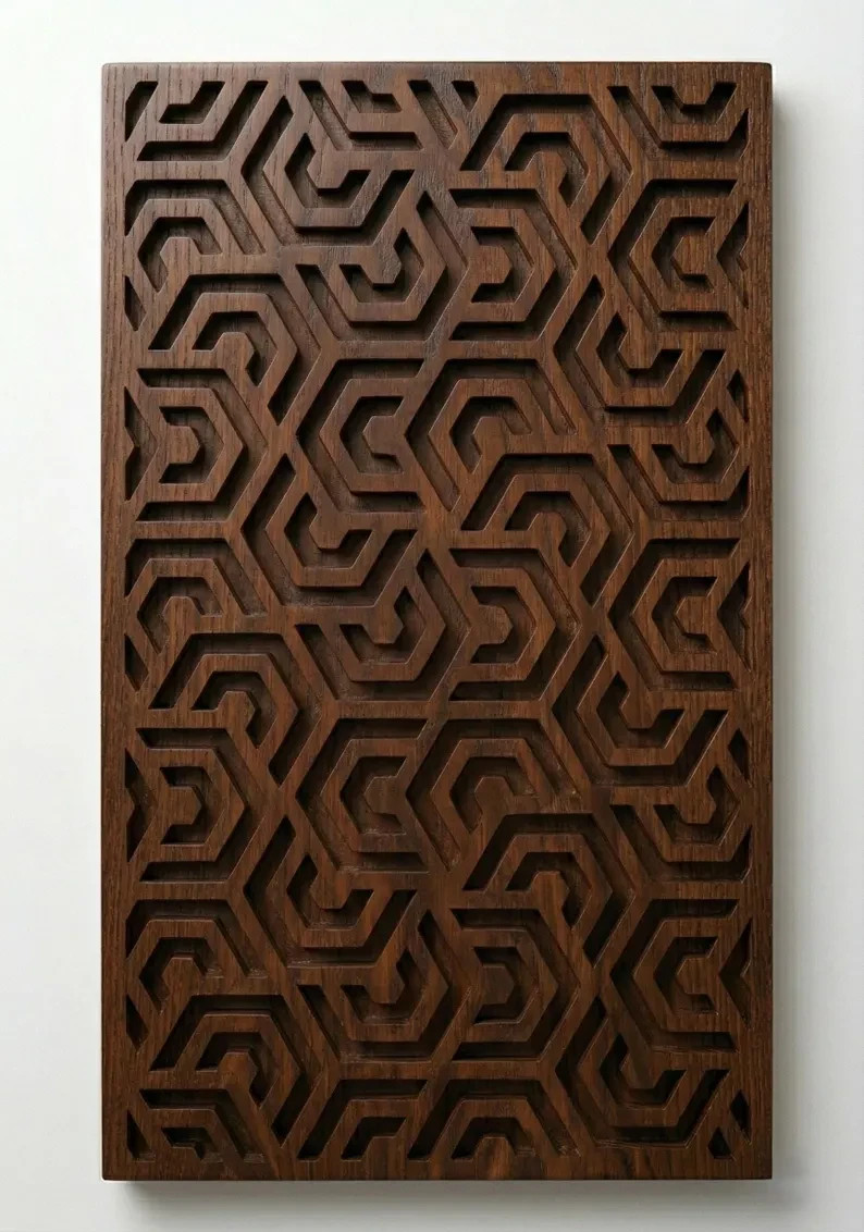 Handcrafted Wooden Wall Art Geometric Wood Carving Panel Modern Plaque Decor