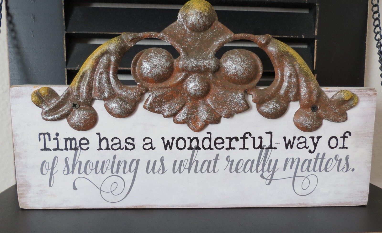 Wooden Vintage look signs 3 x 8 inch set of 2 with metal scroll work