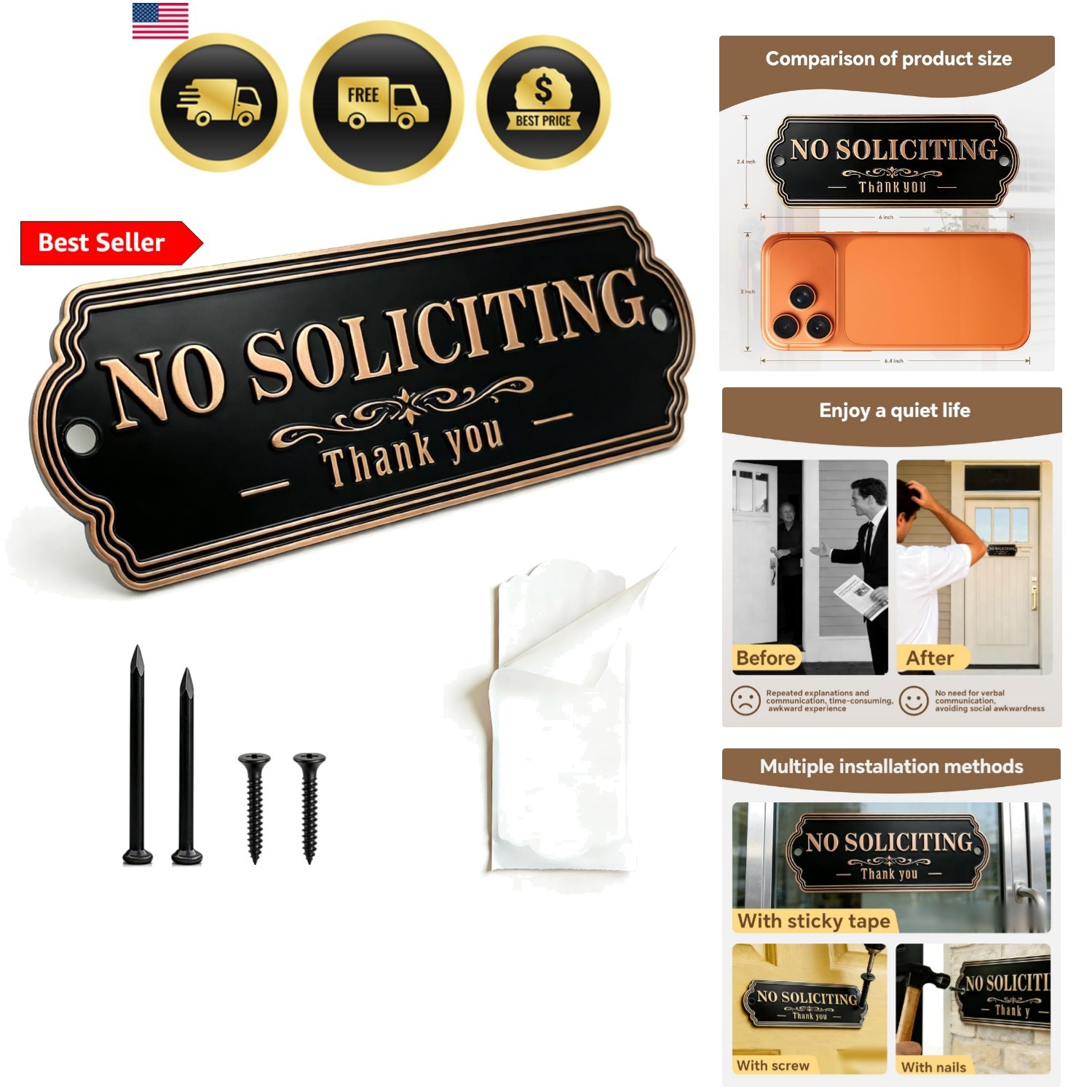 No Soliciting Sign Brass Durable No Soliciting Sign for Front Door House Office