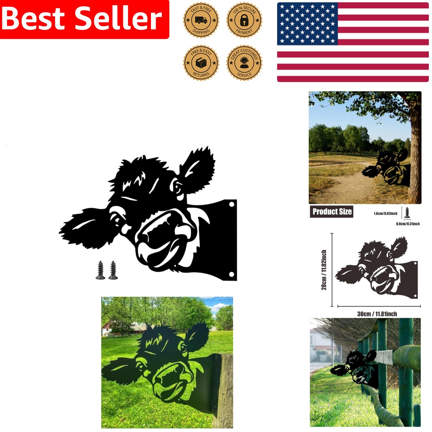 Unique Peeping Cow Metal Garden Art Farmhouse Yard Lawn Decoration
