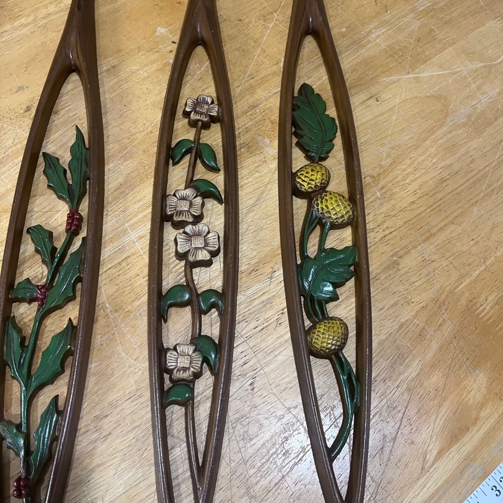 Vtg Sexton USA Four Seasons Floral Metal Wall Art Set MCM Rose Holly 27 Inch