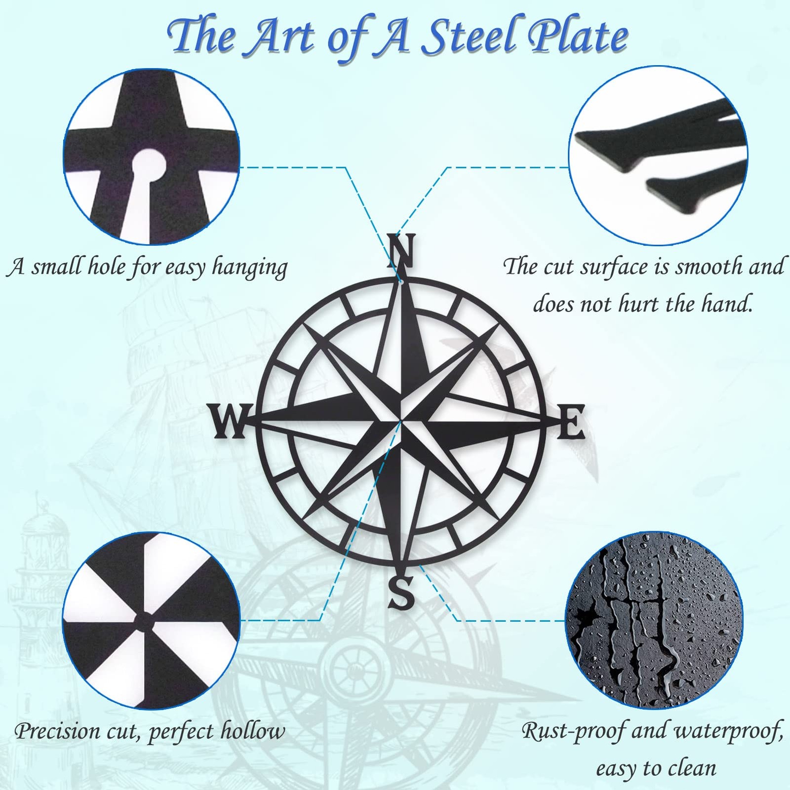 Black Metal Décorative Nautical Compass Wall Decor, Indoor or Outdoor Wall Ha…