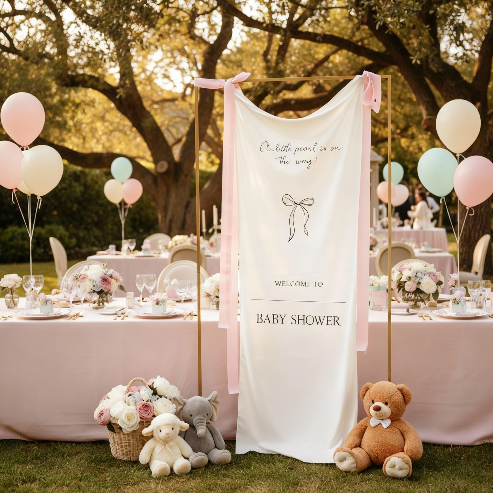 60 x 24 Fabric Baby Shower Welcome Banner Sign a Little Pearl Is on the Pink