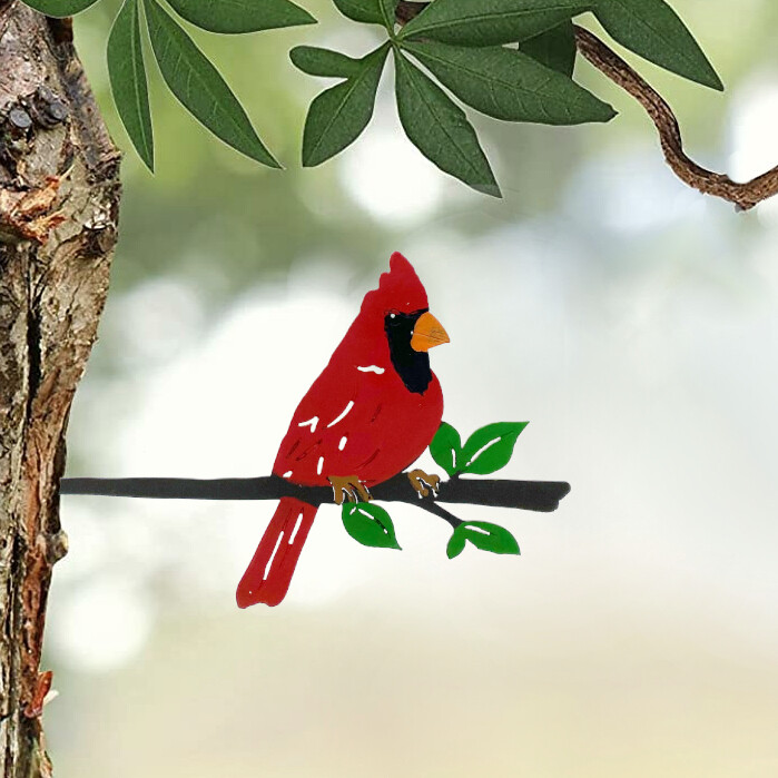 Cardinal Tree Art Metal Bird Stake Yard Garden Tree Decoration Outdoor Décor
