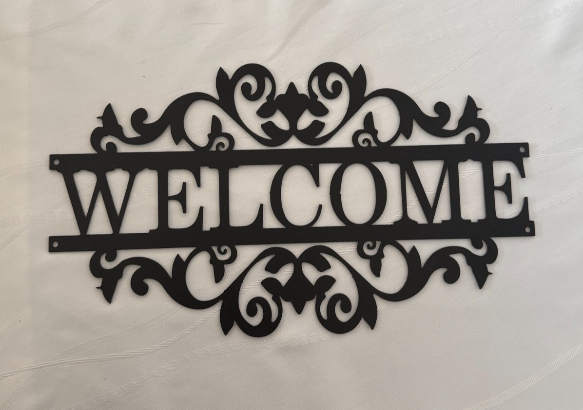 Metal Welcome Wall Sign Black Ornate Scrollwork Home Entry Door Decor