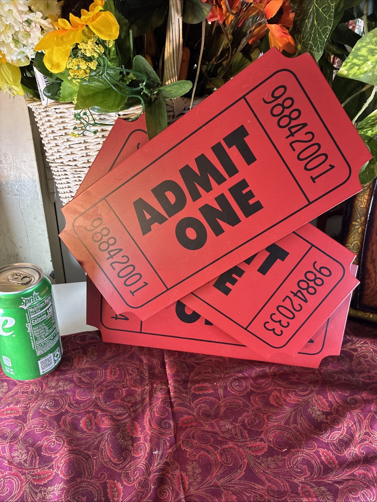 3D Movie Theater Wall Decor “Admit One” Red Metal Ticket Sign (3 Tickets)
