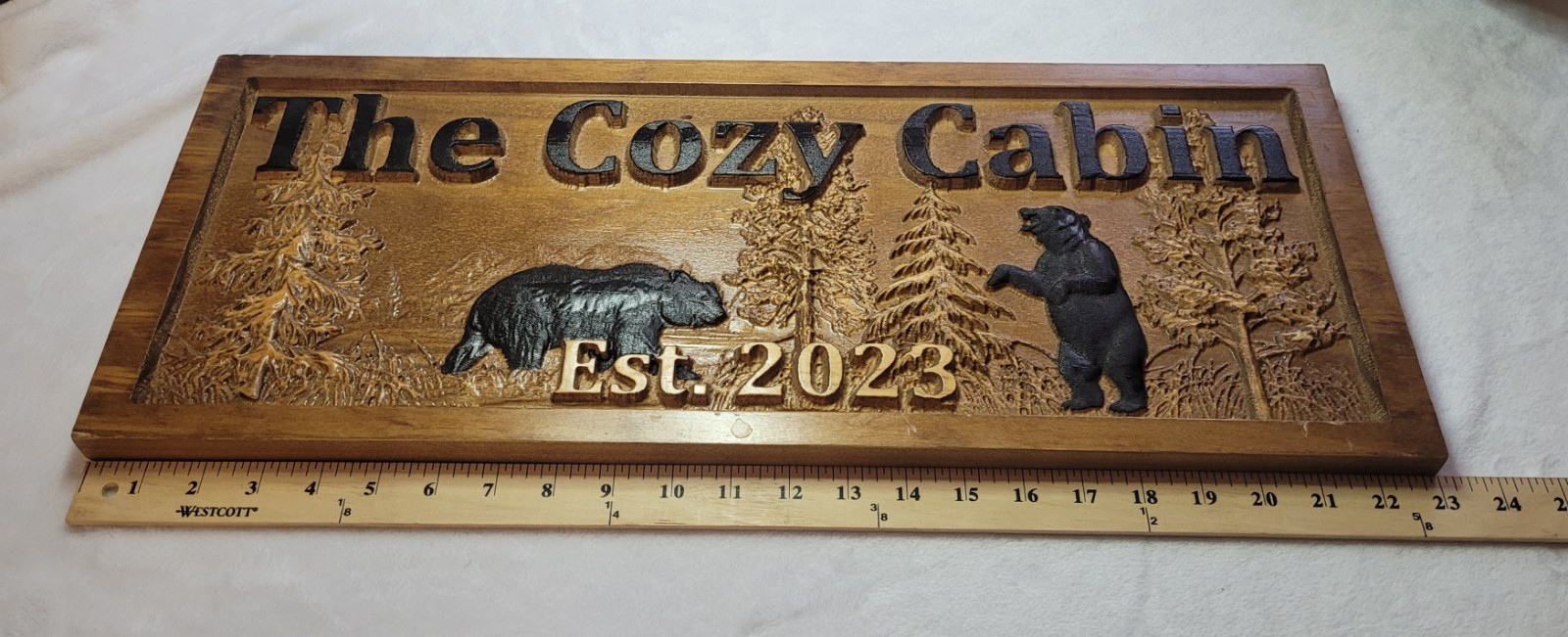 Engraved Wood Rustic Bear Cabin Wall Sign “The Cozy Cabin” Est. 2023 23×9
