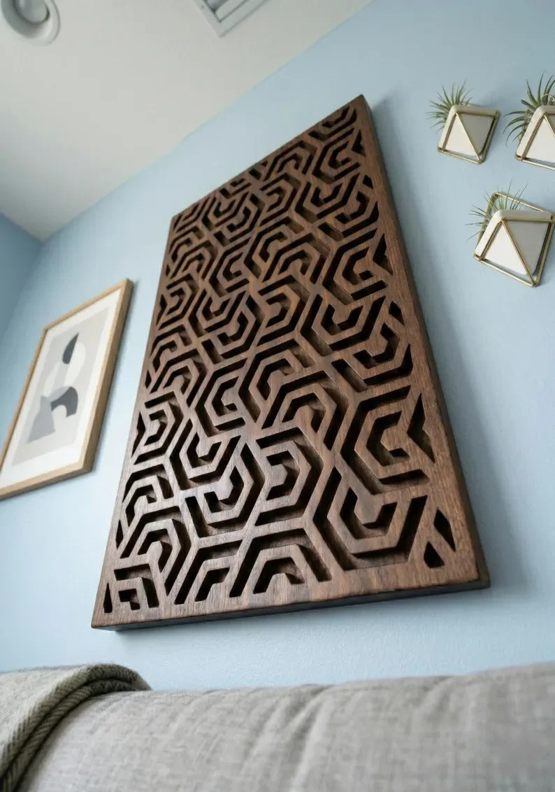 Handcrafted Wooden Wall Art Geometric Wood Carving Panel Modern Plaque Decor
