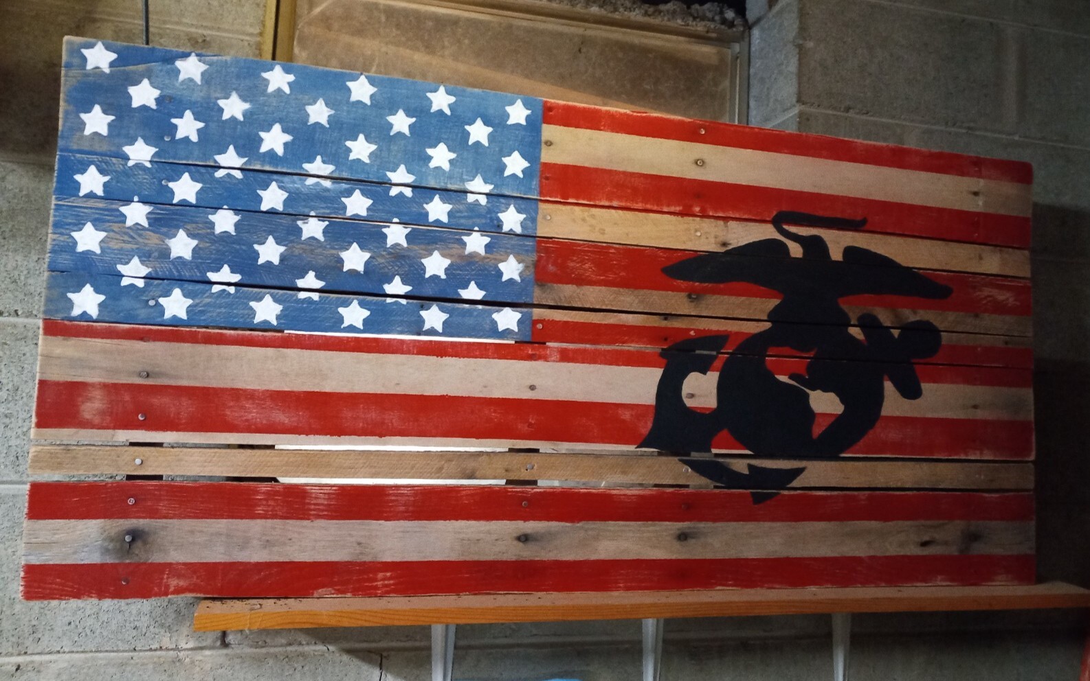 American flag with Marine Corp emblem, pallet wood, wall decor, large/heavy