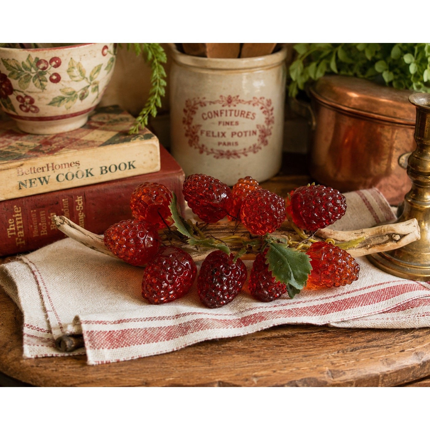 Vintage Faux Strawberry Branch 12 Red Acrylic Berries Rustic Cottage Decor