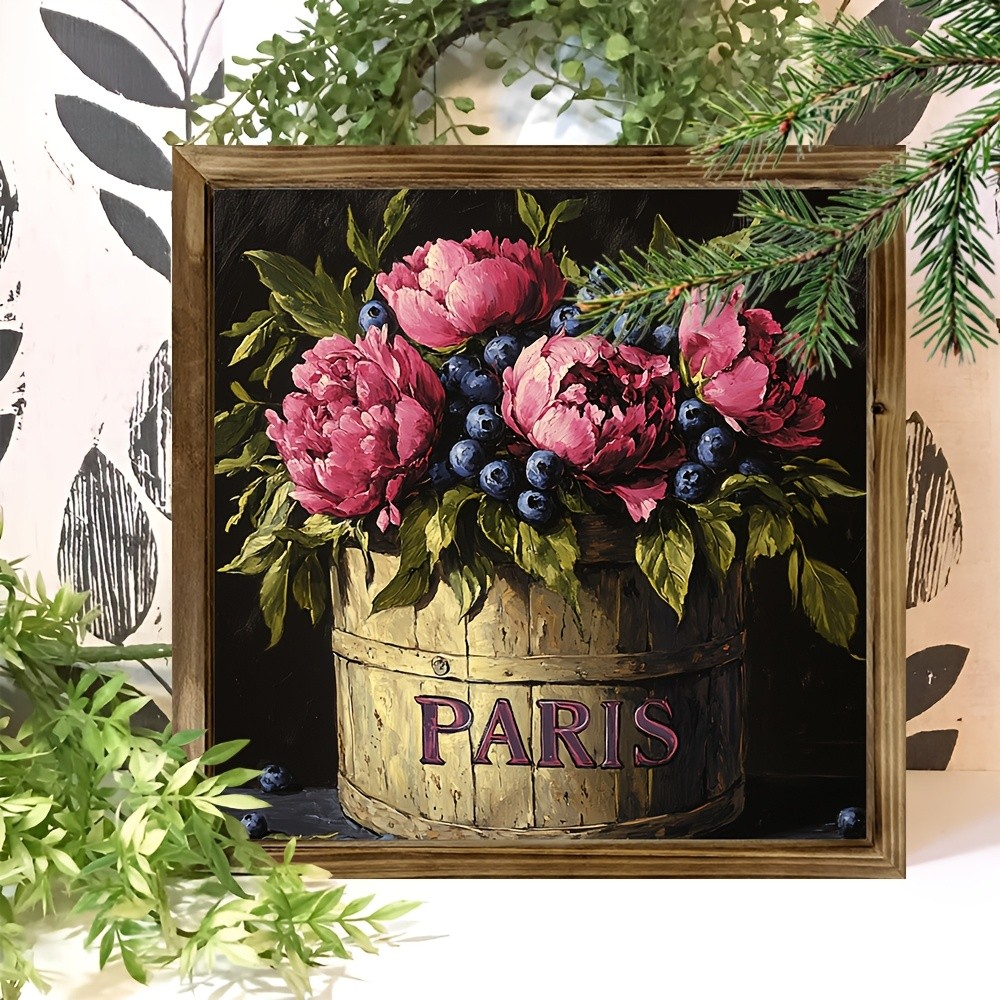 Paris Peony Bucket Wooden Plaque French Cottagecore Floral Home Decoration Gift