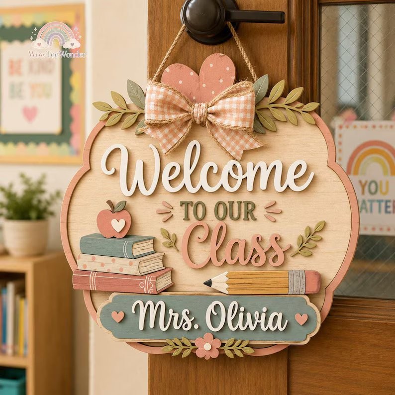 Personalized Teacher Wooden Door Sign, Custom Name Classroom Decor