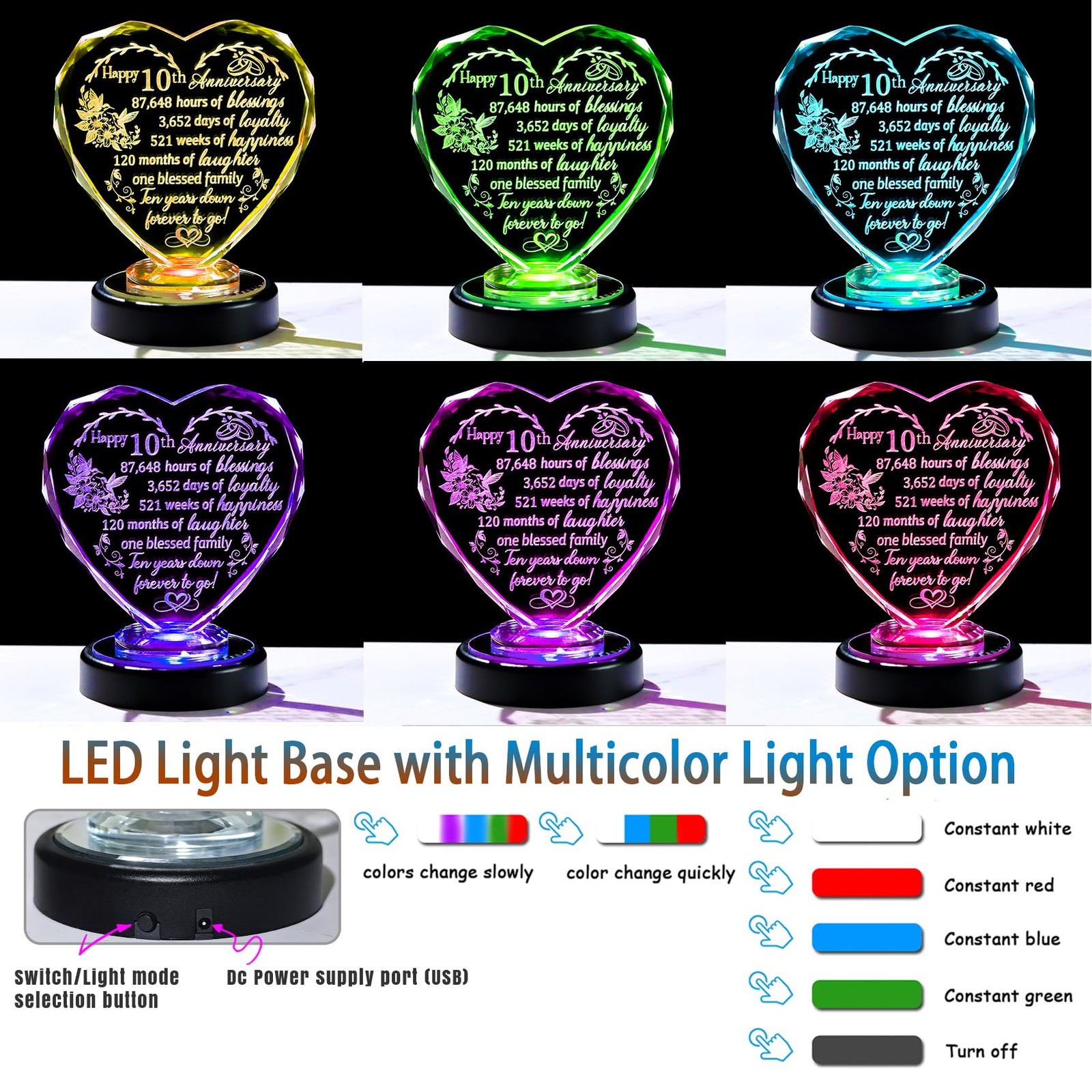 10th Wedding Anniversary Heart Gifts for Women, Wife, Couple, Crystal 10 Year…
