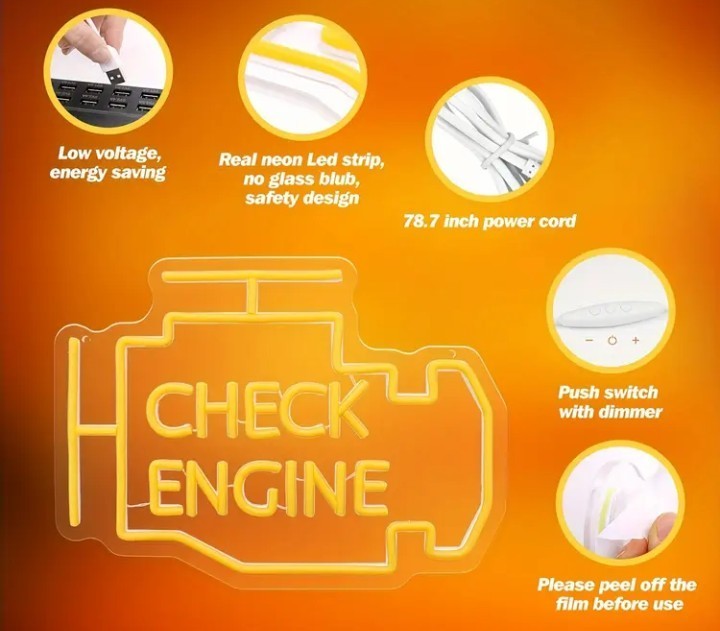 Check Engine Neon Sign LED Wall Light Garage Man Cave Auto Shop Decor Orange