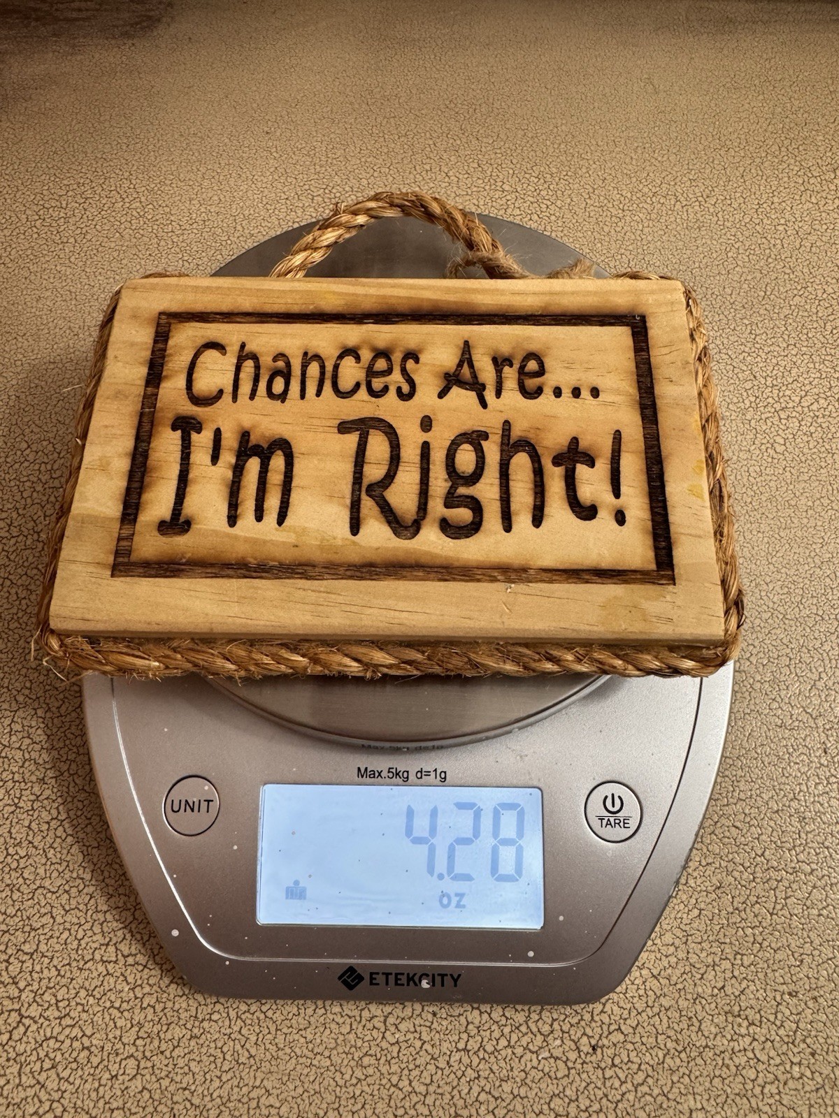 Funny Mini Rustic Wood Sign “Chances Are I’m Right!” Rope Frame 6”x4”