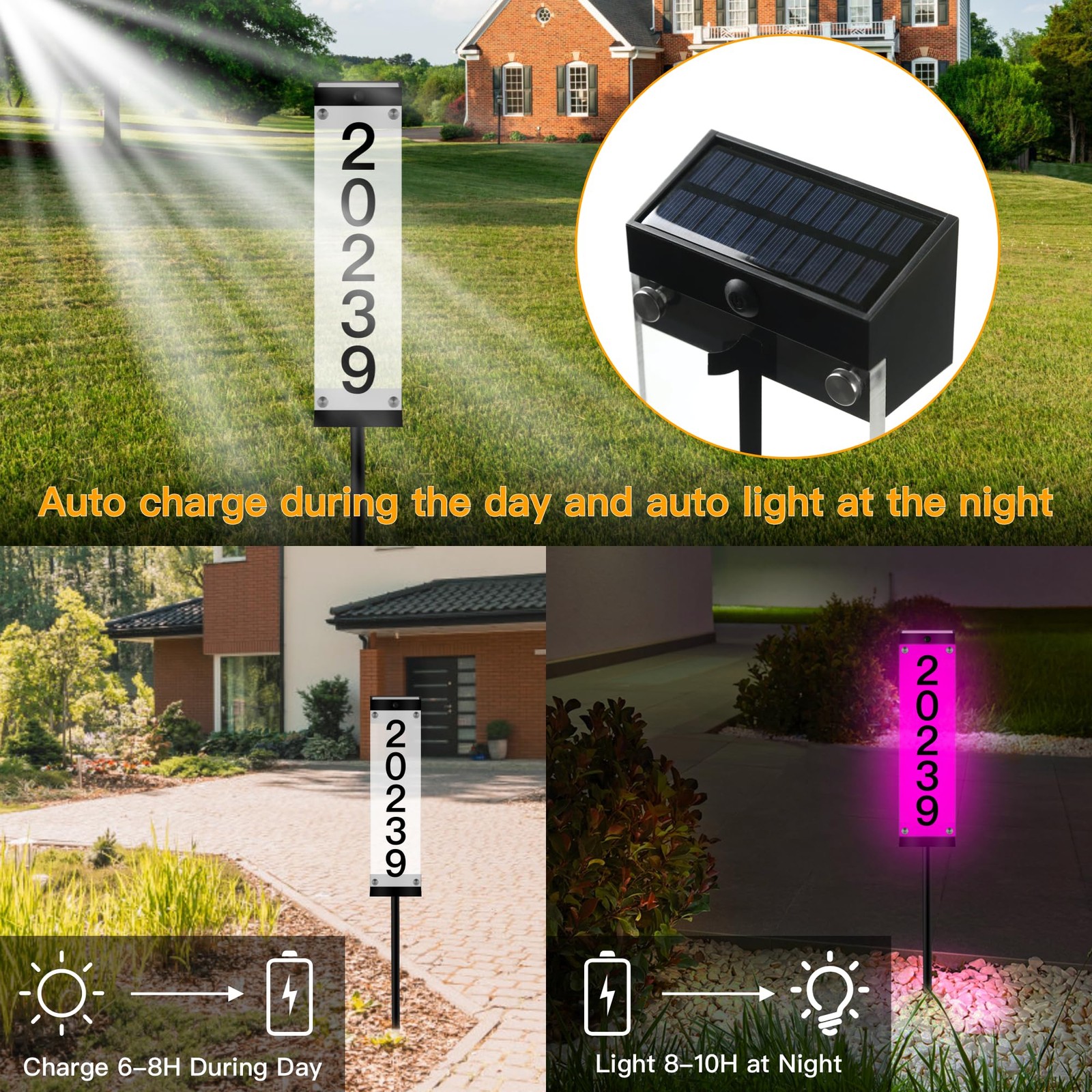 Solar House Numbers for Outside, GOSUNWEY Solar Address Signs for Yard with Stak