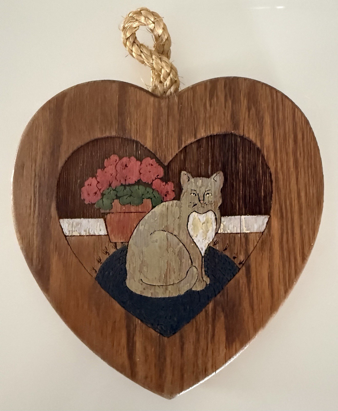 VTG 1992 Wooden Heart Shaped Cat Kitten Woodcut Engraving Inc 90’s Cottagecore