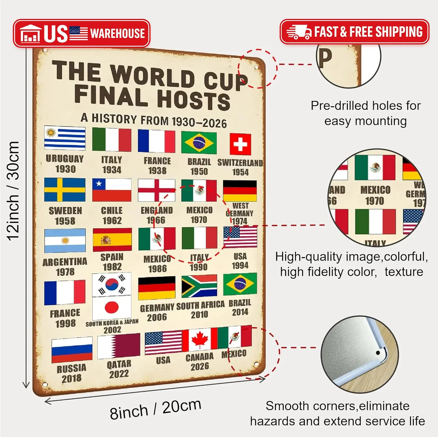 World Cup 2026 Wall Decor for Man Cave, Vintage FIFA World Cup Final Host Countr