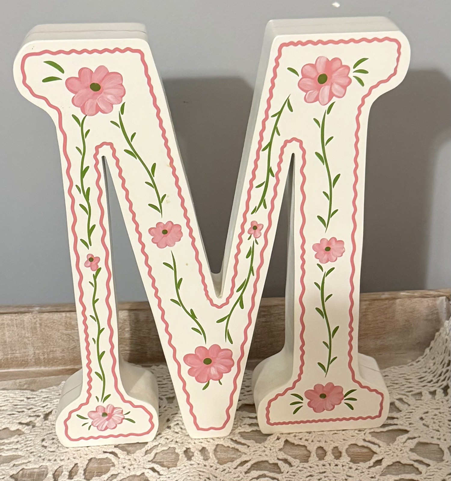Large Monogram Letter Initial M Pressed Wood White with Pink Painted Flowers 13”