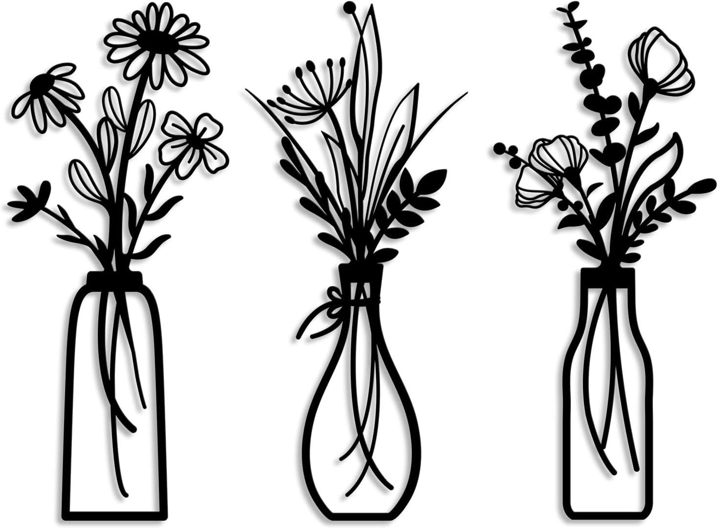 3 Pieces Metal Flowers Wall Arts – Rustic Farmhouse Decor Black Minimalist Flowe