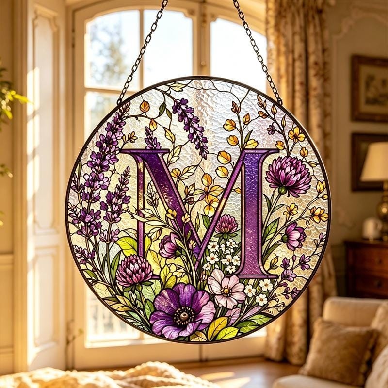 Custom Initial Suncatcher, Wildflower Wreath Window Hanging