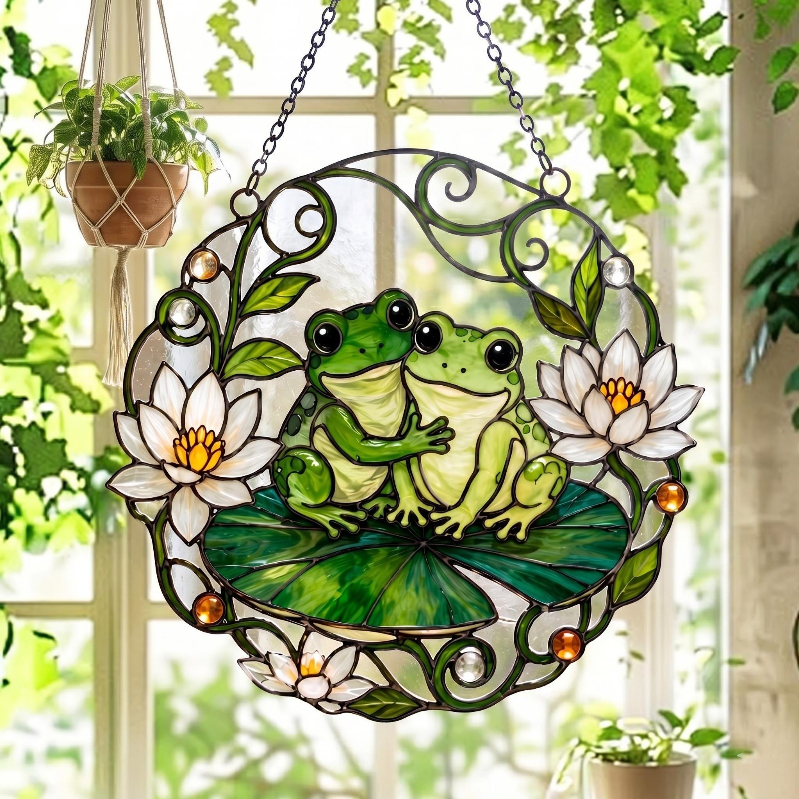 Frog Couple Acrylic Suncatcher, Water Lily Window Hanging