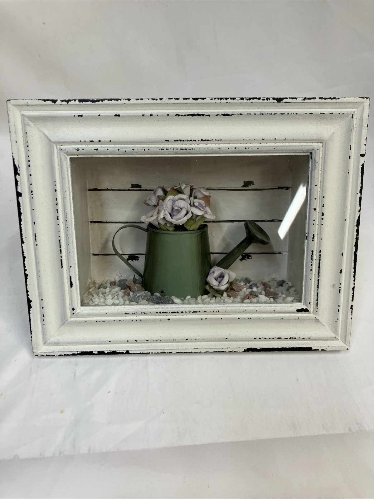 Shadow Box Purple Flowers Watering Can Distressed Wood Frame 8.5 x 6.5 x 2 VG