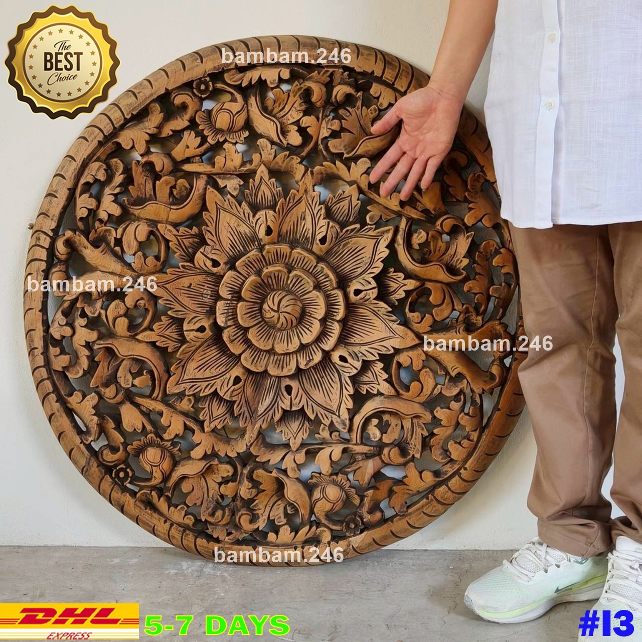 Large Vintage Round Wall Hanging Hand Carved Teak Wood Wall Art Floral Flower Pa