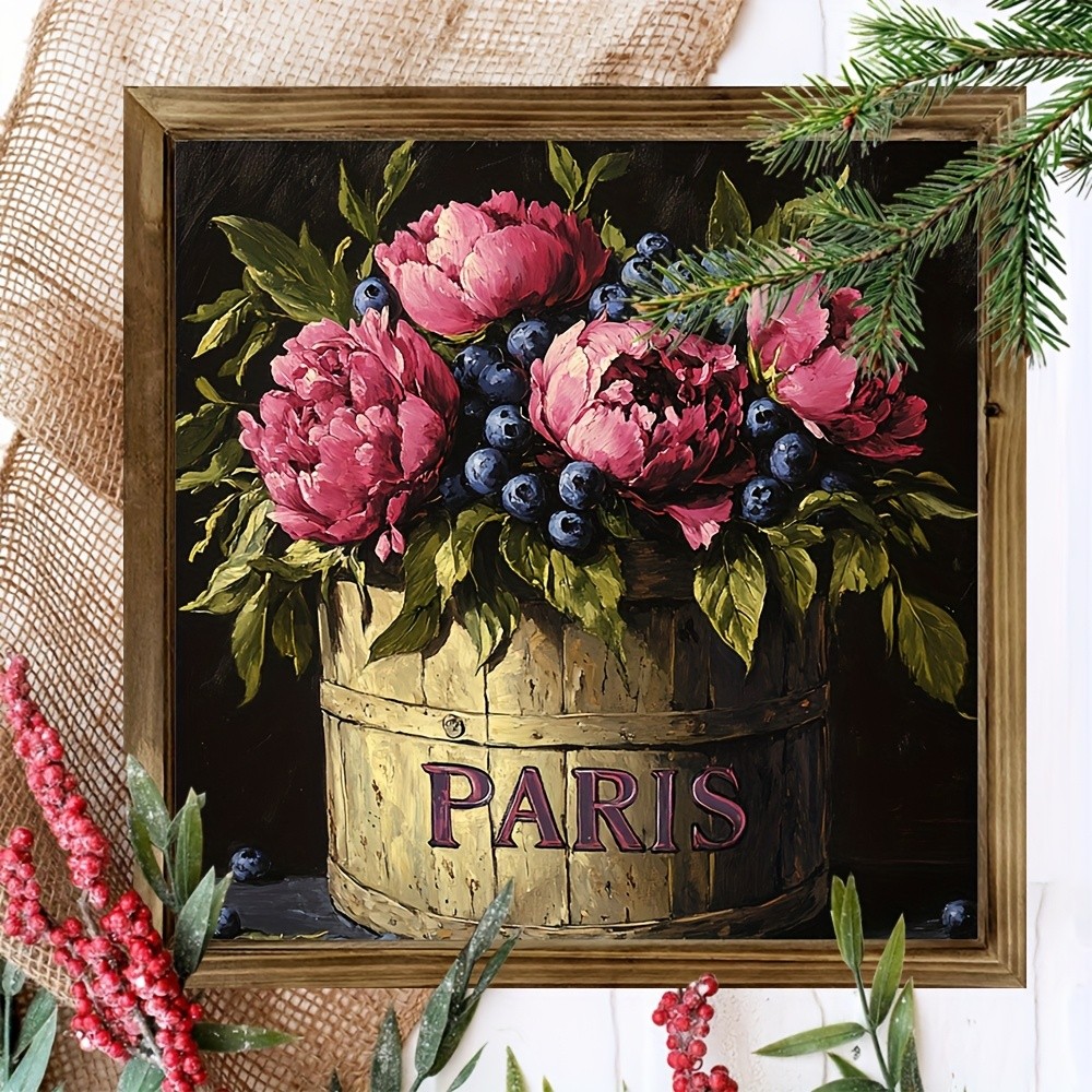 Paris Peony Bucket Wooden Plaque French Cottagecore Floral Home Decoration Gift