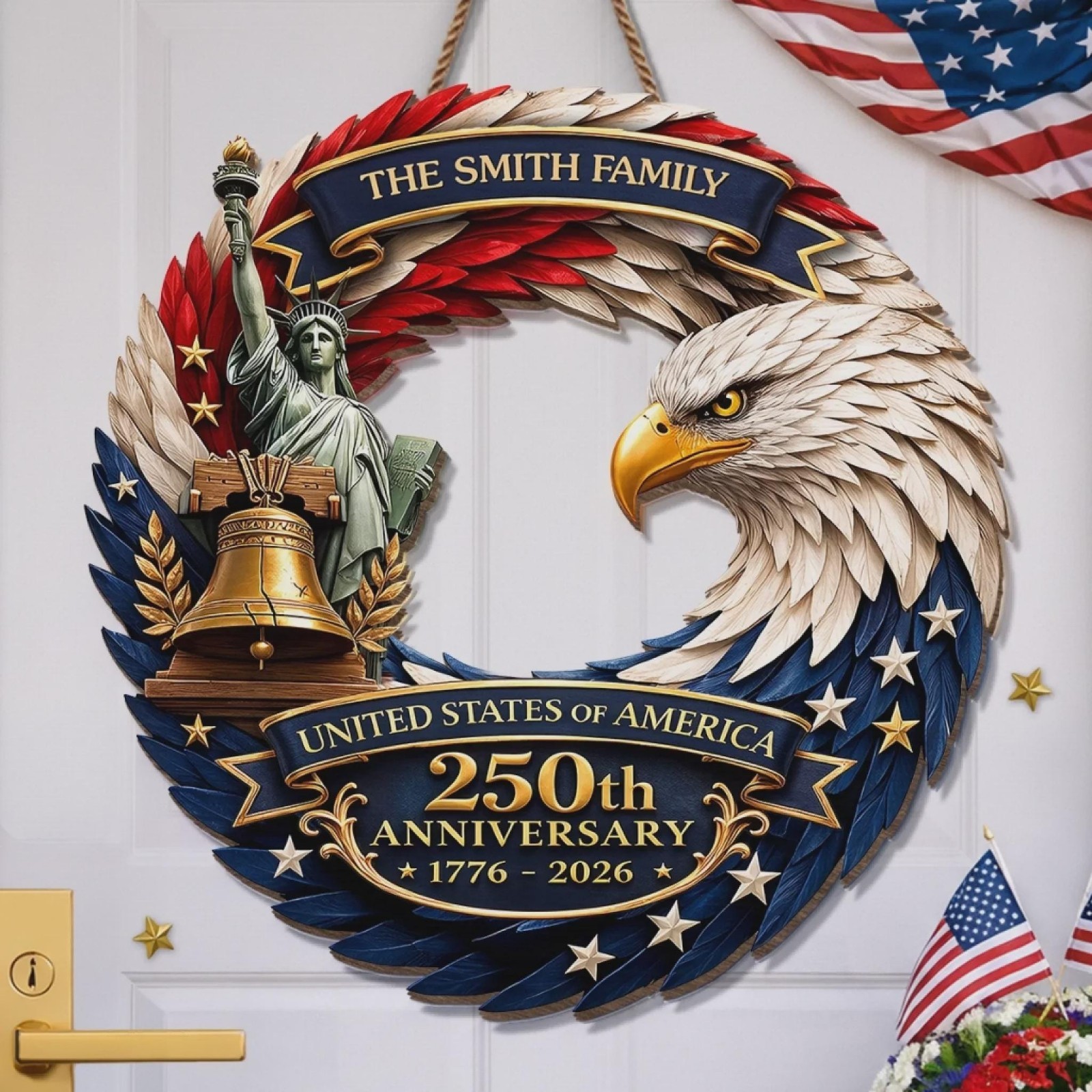 Personalized America 250th Wood Wreath 1776-2026 Patriotic Door Sign Decor