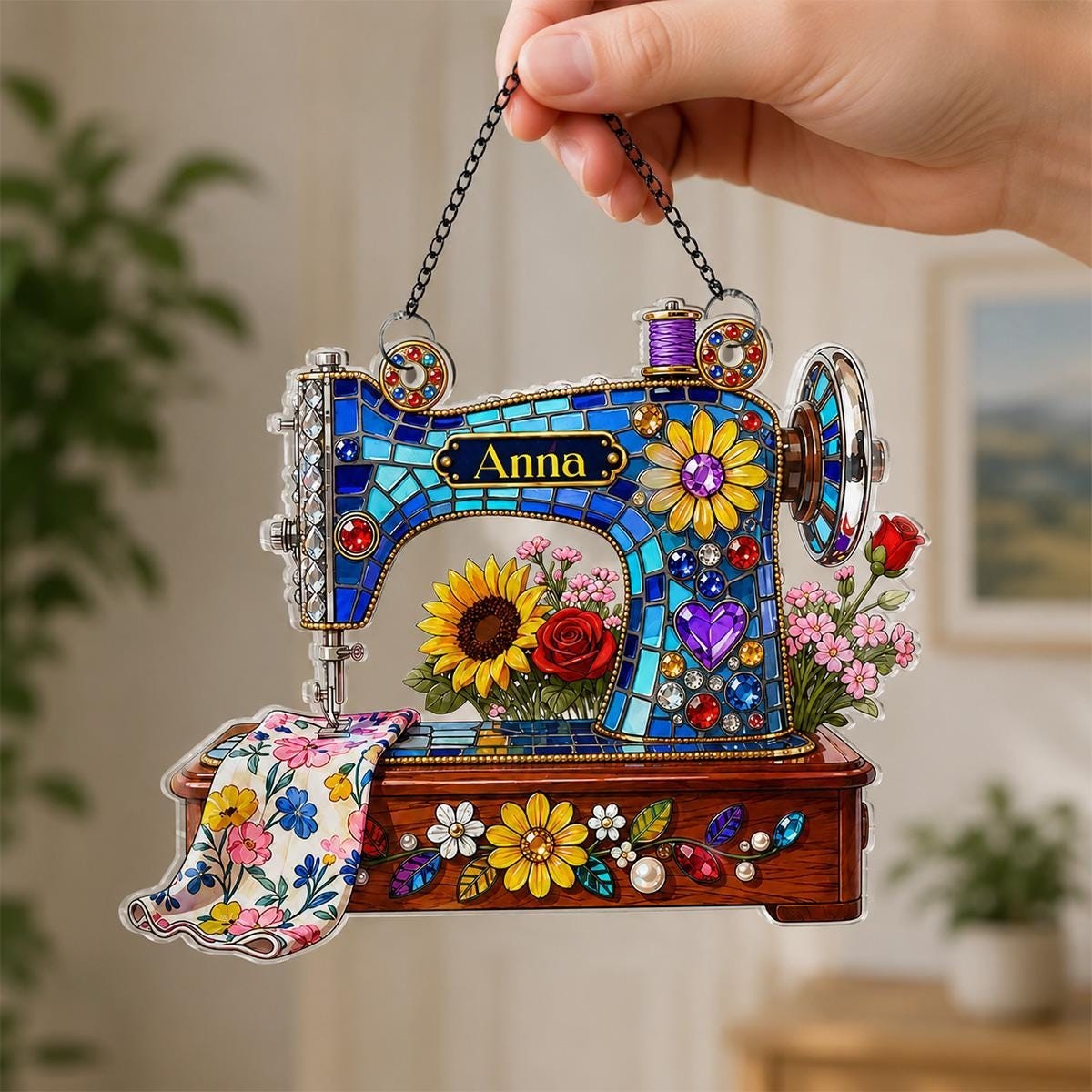 Personalized Sewing Machine Acrylic Suncatcher, Floral Design QuilterCraft Space