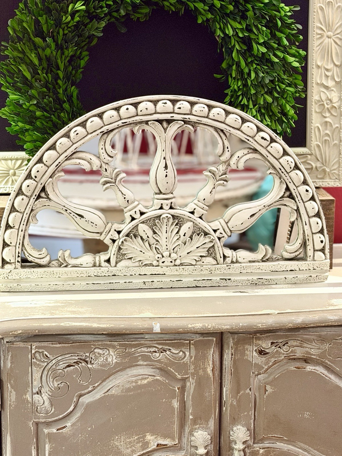 VTG Inspired Whitewashed Halfmoon/Mirrored Decorative Architectural Wall Plaque
