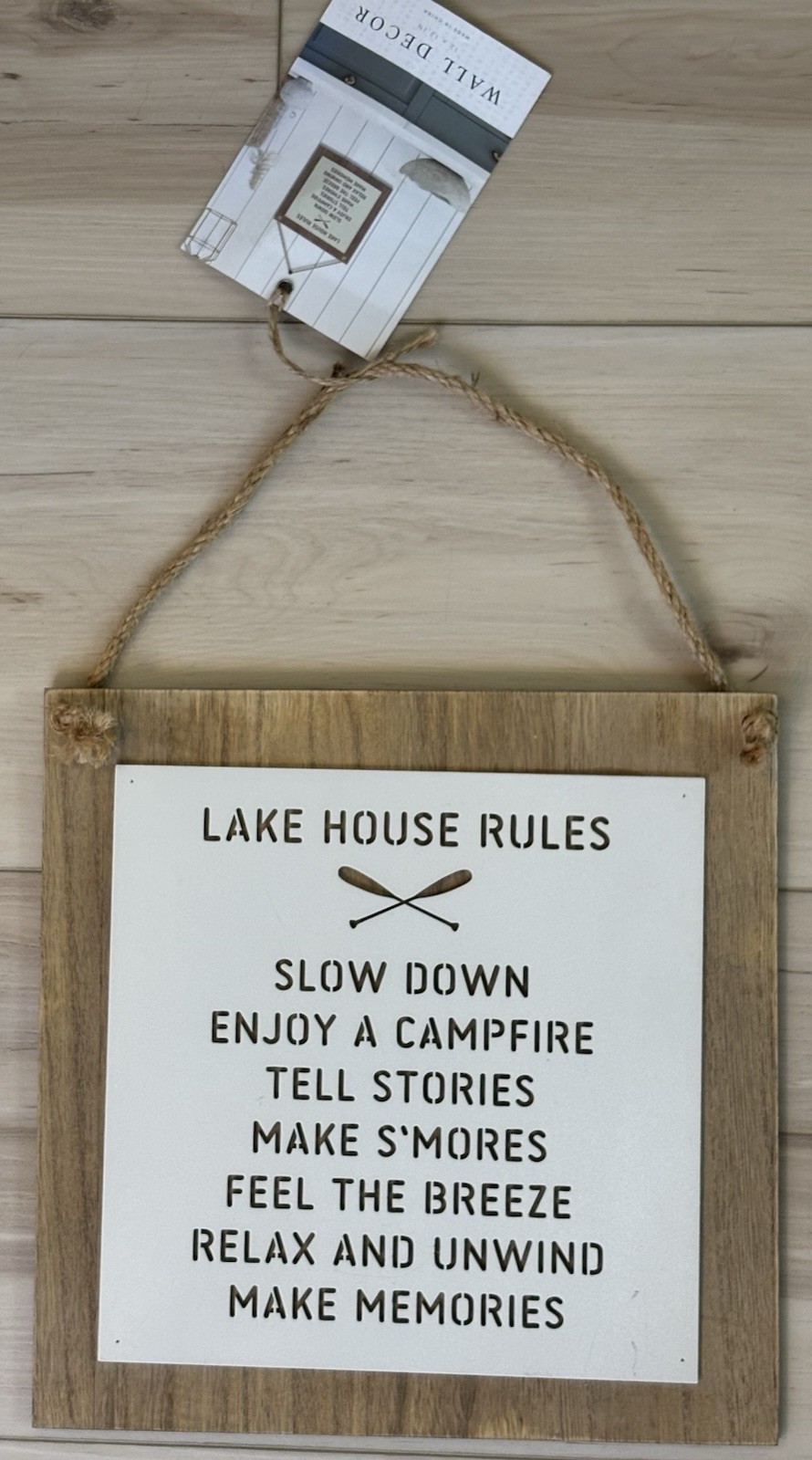 Lake House Rules Wall Sign 12×12 Rustic Farmhouse Decor Rope Hanging 12×12