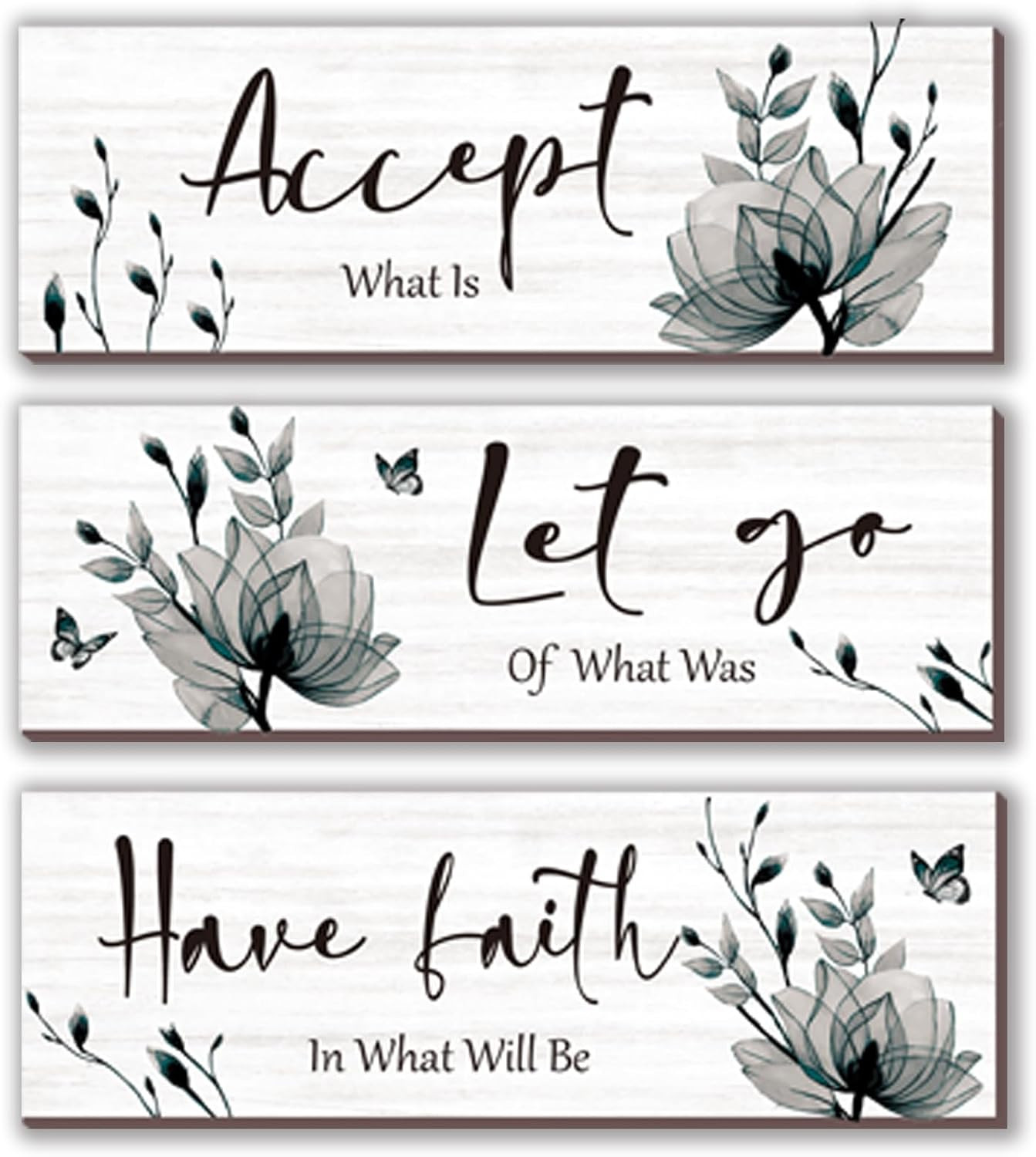 3 Pcs Black And White Bathroom Decor Rustic Flower Black Wall Art Accept Let Go