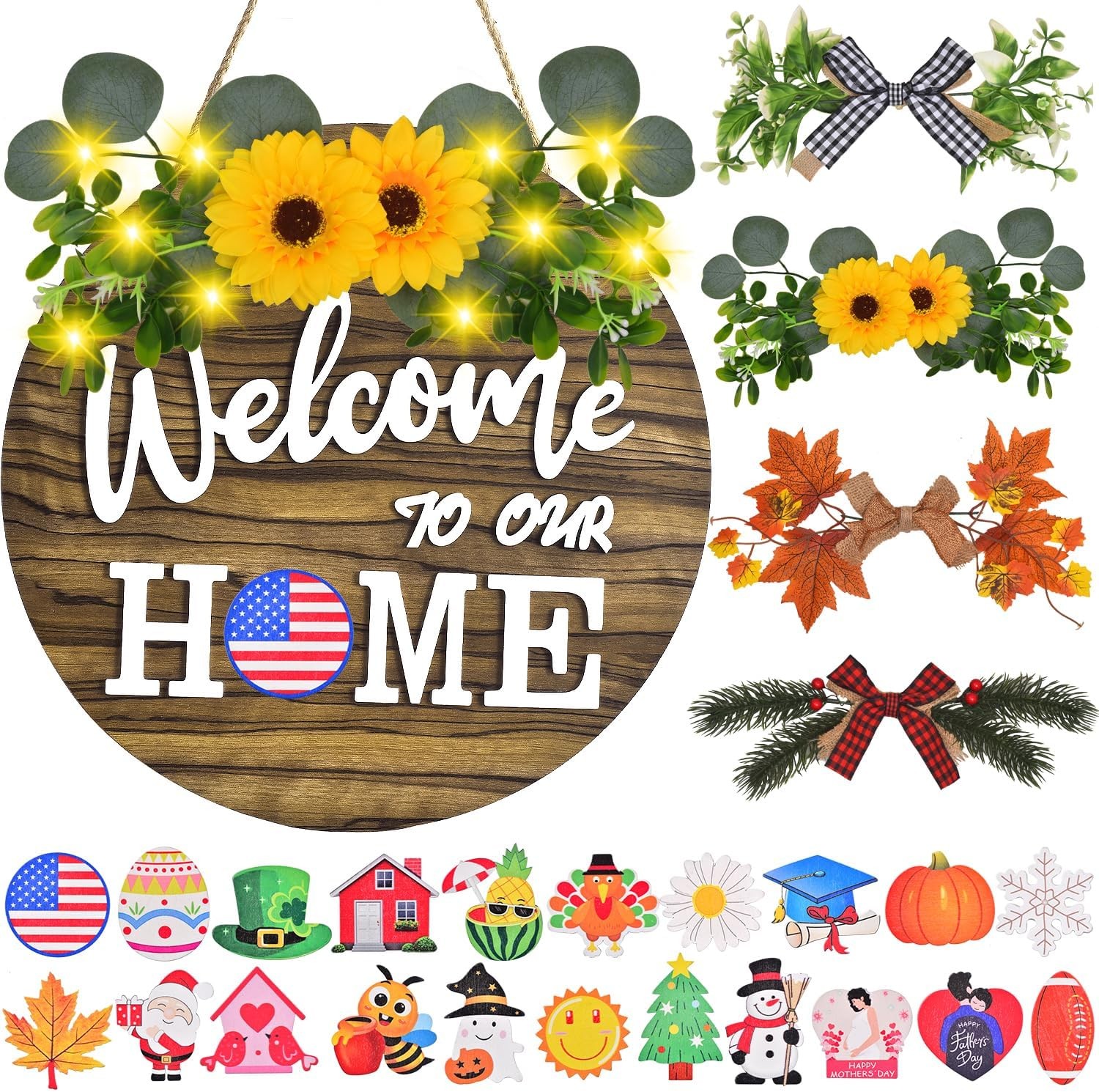 Interchangeable Welcome Home Sign, Front Door Decor With 4 Seasonal Wreaths a…