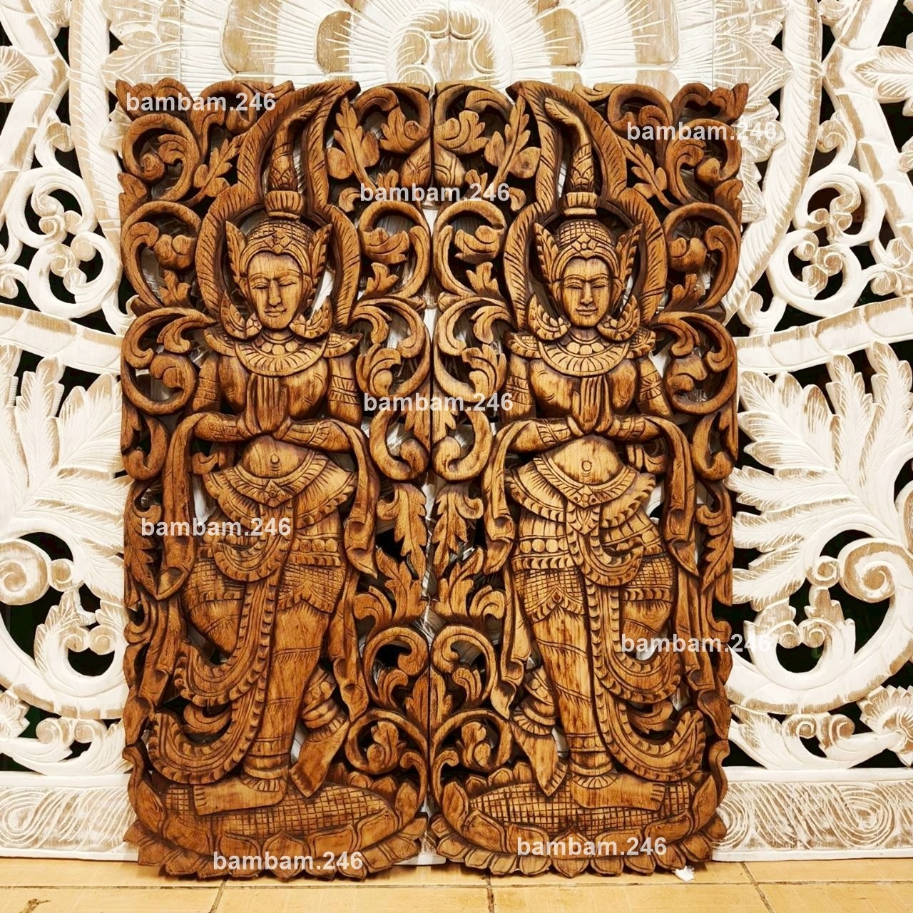 Set of 2 Thai Teak Wood Carved Wall Art Panel Thepphanom Angel Home Decor Spirit