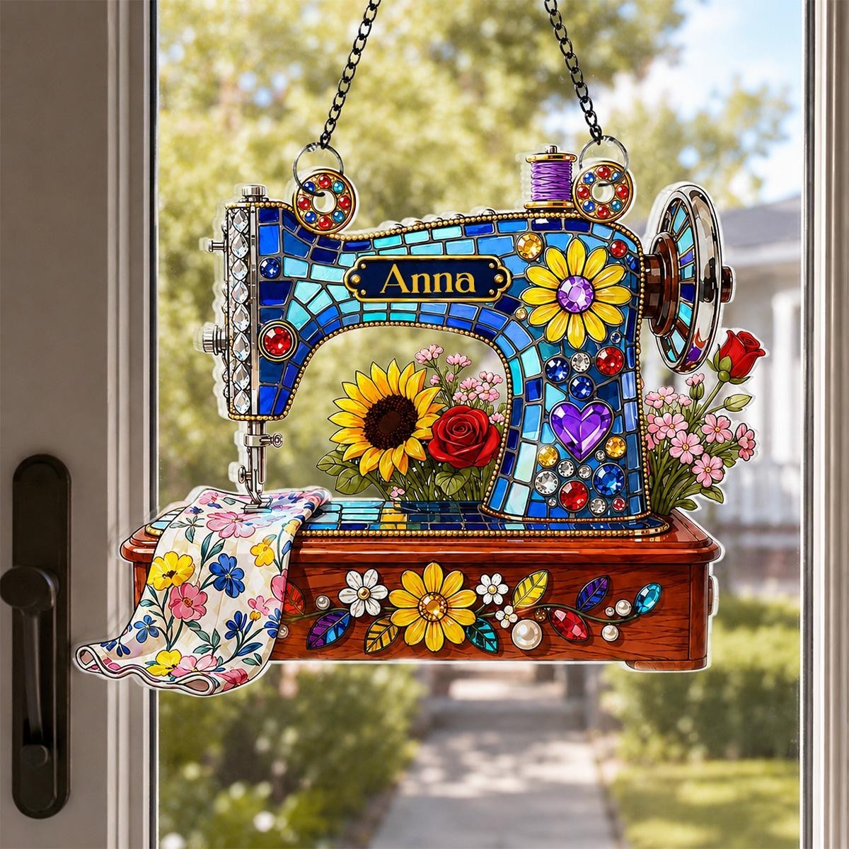 Personalized Sewing Machine Acrylic Suncatcher, Floral Design QuilterCraft Space