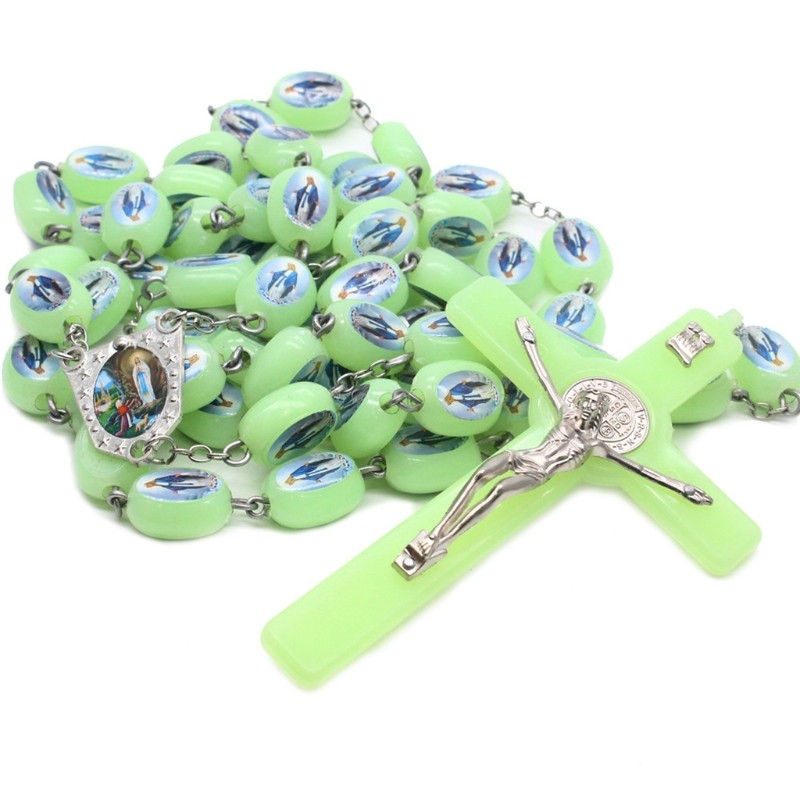 Angel Virgin Mary Luminous Beads Church Rosary Necklace Pendant Glow in The Dark