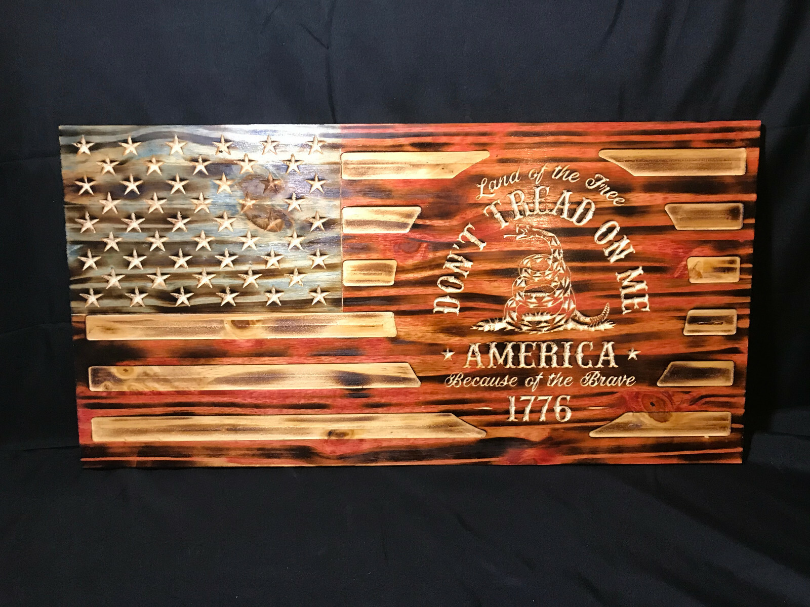 US Rustic Wood Burned Flag Gadsden Dont Tread On Me American Flag Painted Carved