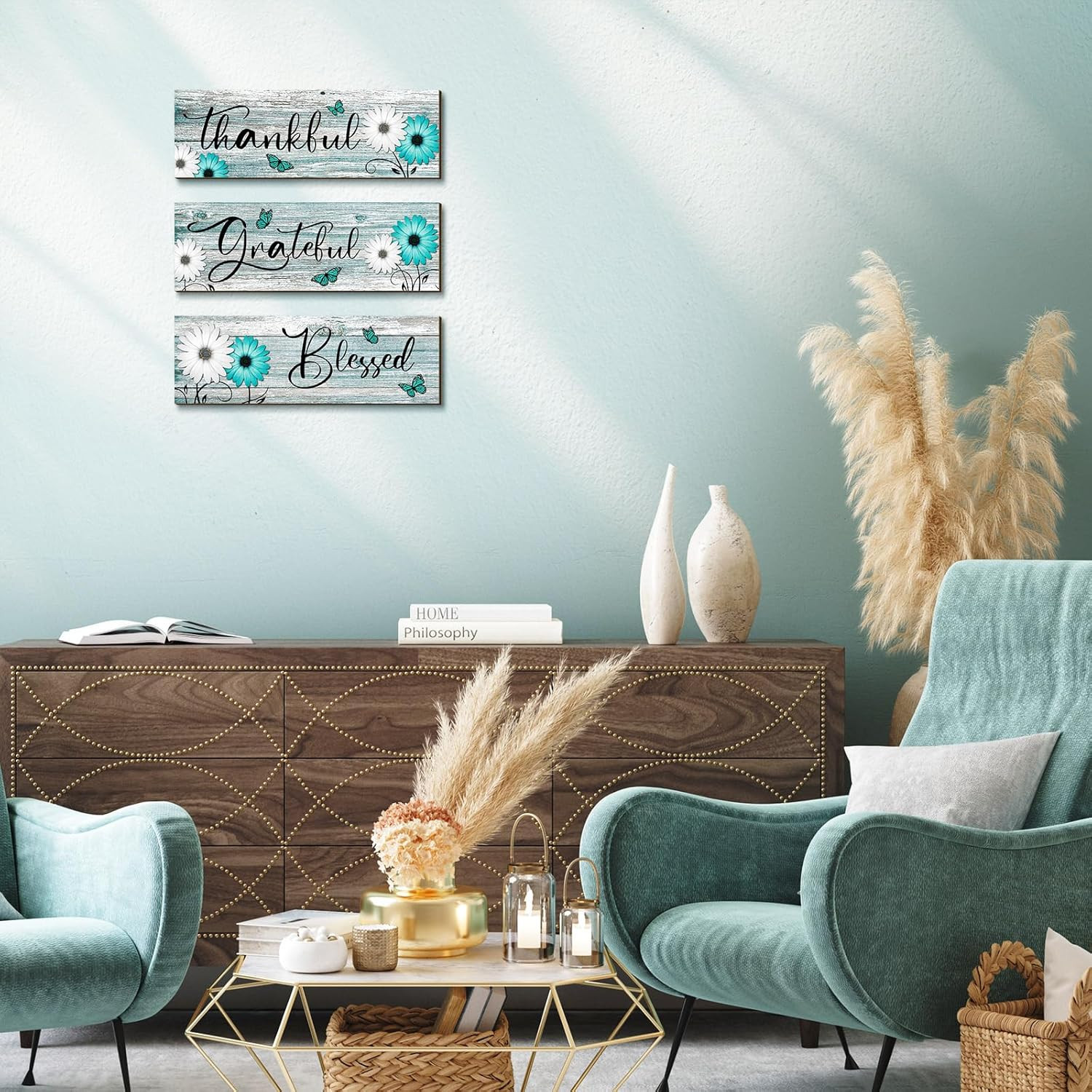 3 Pcs Thankful Grateful Blessed Wooden Signs Rustic Daisy Wood Wall Decor Inspir